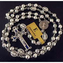 elegantmedical HANDMADE SILVER ROSE BEADS CATHOLIC Saint St Benedict ROSARY BLUE CROSS NECKLACE & NICE METAL JEWELLERY BOX