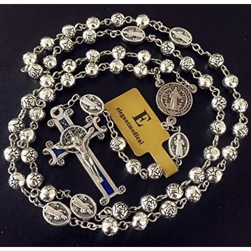 elegantmedical HANDMADE SILVER ROSE BEADS CATHOLIC Saint St Benedict ROSARY BLUE CROSS NECKLACE & NICE METAL JEWELLERY BOX elegantmedical HANDMADE SILVER ROSE BEADS CATHOLIC Saint St Benedict ROSARY BLUE CROSS NECKLACE & NICE METAL JEWELLERY BOX
