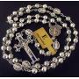 elegantmedical HANDMADE SILVER ROSE BEADS CATHOLIC Saint St Benedict ROSARY BLUE CROSS NECKLACE & NICE METAL JEWELLERY BOX