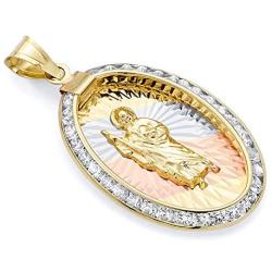 14k Tri Color Gold CZ San Judas Medal Charm Pendant (Size : 25 x 14 mm)