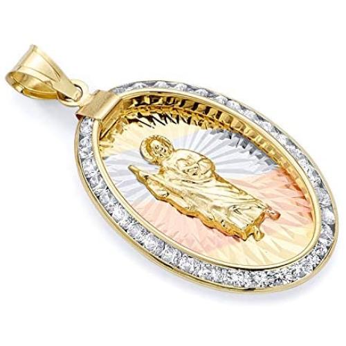 14k Tri Color Gold CZ San Judas Medal Charm Pendant (Size : 25 x 14 mm)