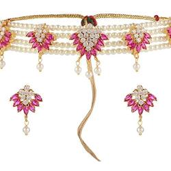 Efulgenz Indian Bollywood 14 K Gold Plated Cubic Zirconia Faux Ruby Pearl Choker Necklace Earring Bridal Jewelry Set