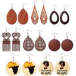 8 Pairs Ethnic Wood Dangle Earrings African Wooden Dangle Round Teardrop Earrings for Women