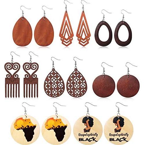 8 Pairs Ethnic Wood Dangle Earrings African Wooden Dangle Round Teardrop Earrings for Women