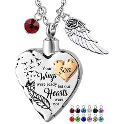 Your Wings were Ready, But My Heart was Not with Angel Wing Charm Keepsake Memorial Birthstones Urn Necklace Gift