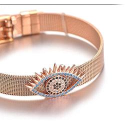Hynsin Blue CZ Zircon Evil Eye Charm Bracelet Stainless Steel Bracelets & Bangles for Women Mesh Buckle Wrist Jewelry