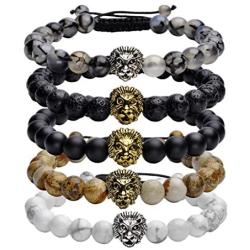 Jovivi 8mm Handmade Lion Head Macrame Adjustable Lava/Matte Agate/Picture/Dragon Stone Gemstone Beaded Bracelet,Unisex