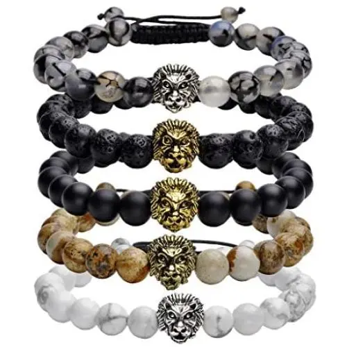 Jovivi 8mm Handmade Lion Head Macrame Adjustable Lava/Matte Agate/Picture/Dragon Stone Gemstone Beaded Bracelet,Unisex Jovivi 8mm Handmade Lion Head Macrame Adjustable Lava/Matte Agate/Picture/Dragon Stone Gemstone Beaded Bracelet,Unisex