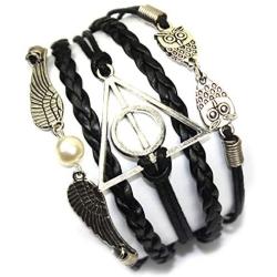 Handcrafted Harry Potter Bracelet, Antique Silver Harry Potter, Bead,Owls, Wings Charm Black Leather Bracelet Wristband Jewelry Gift