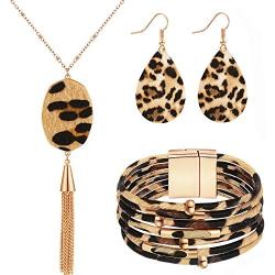 Hicarer 3 Pieces Leopard Jewelry Set Leopard Leather Bracelet Dangle Earring Necklace for Women