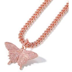 KMASAL Iced Out Chain 18K Gold Plated Fully CZ Simulated Diamond Pink Butterfly Hip Hop Pendent Necklace for Men Women