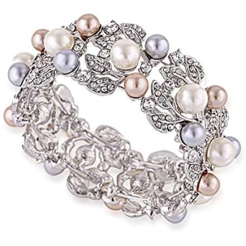 Fashion Statement Pearl Bangle Bracelet for Women, Silver Plating Chunky Bangle Wedding Party Prom Jewelry Cuff Bangle