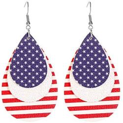American Flag Leather Earrings Teardrop Dangle Drop Leaf Earrings Big Lightweight Faux Leather Handmade Earrings Glitter Fashion Jewelry