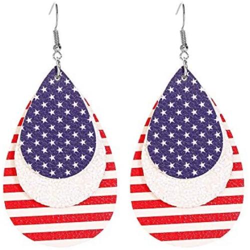 American Flag Leather Earrings Teardrop Dangle Drop Leaf Earrings Big Lightweight Faux Leather Handmade Earrings Glitter Fashion Jewelry