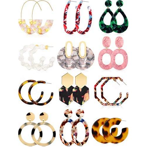 Totally 12 Pairs Acrylic Earrings Bohemian Statement Earrings Mottled Resin Geometric Drop Dangle Ear Jewelry for Women Girls