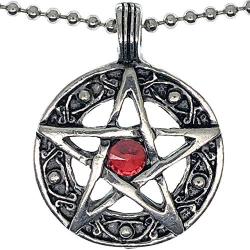 Wicca Wiccan Pagan Jewelry Celtic Pentacle Pentagram Star Red Crystal Gem Pewter Pendant Necklace Protection Amulet Wealth Money Good Fortune Luck Lucky Charm Talisman Medallion w silver ball chain