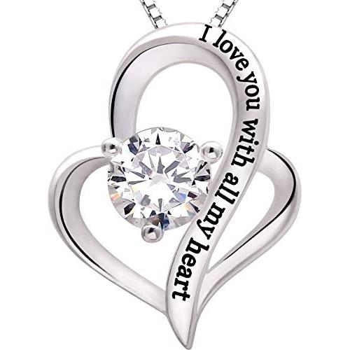 ALOV Jewelry Sterling Silver I Love You with All My Heart Love Heart Cubic Zirconia Necklace