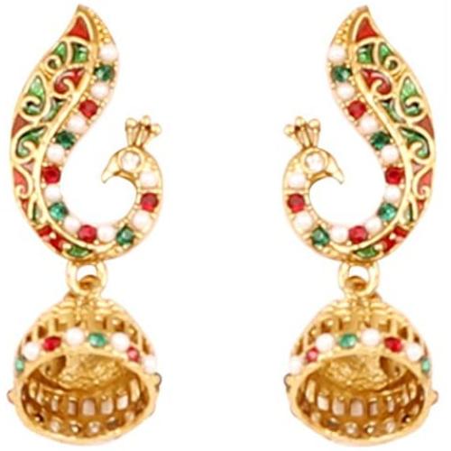 Touchstone Indian Bollywood Desire Traditional Indian Floral Motif Pear Shape Rhinestones Designer Jewelry Chandelier Earrings In Antique Gold Tone For Women.