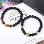 Finrezio 4PCS Bead Bracelet Men Women Black Matte Onyx Tiger Eye Crown King Panther Charm Elastic Adjustable Natural Stone Beads Bracelets Set