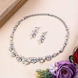EVER FAITH Wedding Jewelry Gorgeous CZ White Simulated Pearl Bride Prom Leaf Floral Necklace Earring Set Silver-Tone