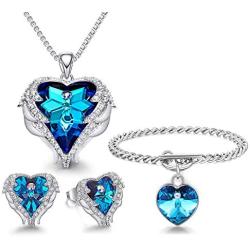 CDE Angel Wing Jewelry Set 4 Pieces Heart Pendant Necklace Stud Earrings and Bracelets Christmas Jewelry Gifts for Women
