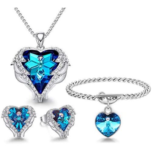 CDE Angel Wing Jewelry Set 4 Pieces Heart Pendant Necklace Stud Earrings and Bracelets Christmas Jewelry Gifts for Women