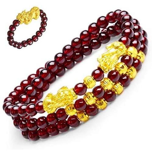 Homelavie Feng Shui Crystal Multilayer Red Bead Bracelet with Golden Pi Xiu/Pi Yao Lucky Wealthy Amulet Brecelet Jewelry