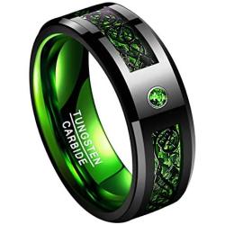 TUNGSTORY 8mm Black Celtic Dragon Tungsten Carbide Wedding Ring with Green Carbon Fiber and CZ Inlay Polished Finish Beveled Edge Size 6-15