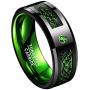 TUNGSTORY 8mm Black Celtic Dragon Tungsten Carbide Wedding Ring with Green Carbon Fiber and CZ Inlay Polished Finish Beveled Edge Size 6-15