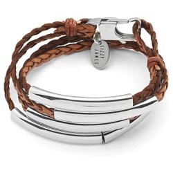 Lizzy James Mini Addison Braided Leather Wrap Bracelet with Silverplate Crescents in Natural Antique Brown Leather