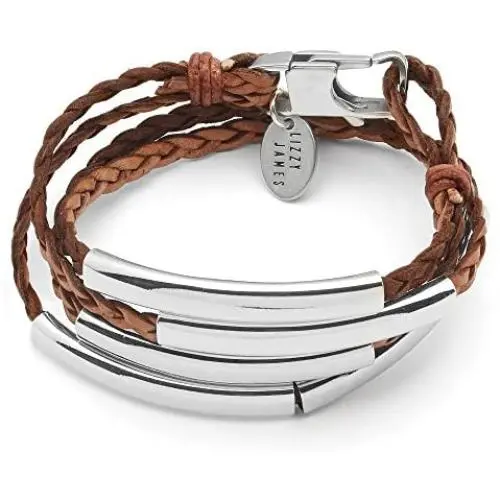 Lizzy James Mini Addison Braided Leather Wrap Bracelet with Silverplate Crescents in Natural Antique Brown Leather Lizzy James Mini Addison Braided Leather Wrap Bracelet with Silverplate Crescents in Natural Antique Brown Leather