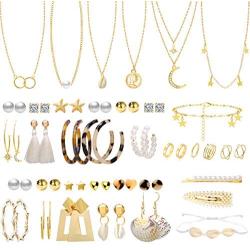 38 Pcs Jewelry Sets for Women with 22 Pairs Fashion Earrings,7 Pcs Chain Necklaces,6 Pcs Metal Knuckles and 2 Pcs Pearl Hair Clips for Girls Gifts