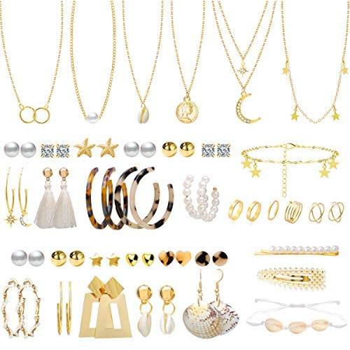 38 Pcs Jewelry Sets for Women with 22 Pairs Fashion Earrings,7 Pcs Chain Necklaces,6 Pcs Metal Knuckles and 2 Pcs Pearl Hair Clips for Girls Gifts