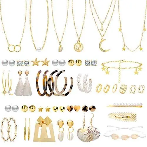 38 Pcs Jewelry Sets for Women with 22 Pairs Fashion Earrings,7 Pcs Chain Necklaces,6 Pcs Metal Knuckles and 2 Pcs Pearl Hair Clips for Girls Gifts