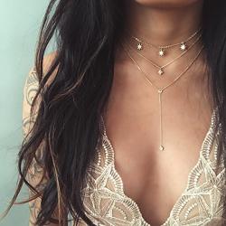 Ckecharfa Boho Layered Y-Necklace Gold Star Choker Necklaces Crystal Pendant Long Chain Summer Beach Neck Chains Adjustable Jewelry for Women and Girls