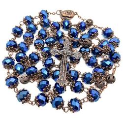 Nazareth Store Deep Blue Crystal Beads Rosary Necklace Holy Soil Medal & Cross Crucifix Christian Handmade Religious Rosaries