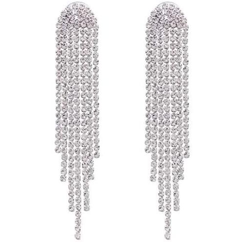 SELOVO Clear Austrian Crystal Chandelier Tassel Long Big Statement Chain Dangle Drop Earrings Silver Tone