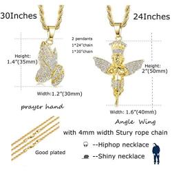 Jstyle 2Pcs Gold Plated Necklaces for Women Men Prayer Hand Angel Pendant Necklace Ice Out Hip Hop Rope Chain 24'' 30''