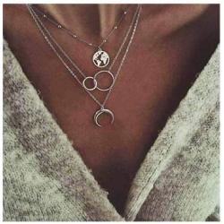 NICEMOVIC Dainty Layered Choker Necklace Bar Disc Necklaces Map Pendant Necklace Silver-plated alloy Layered Necklaces for Women