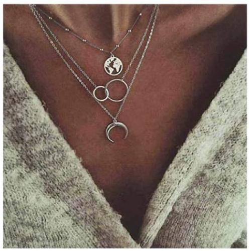 NICEMOVIC Dainty Layered Choker Necklace Bar Disc Necklaces Map Pendant Necklace Silver-plated alloy Layered Necklaces for Women