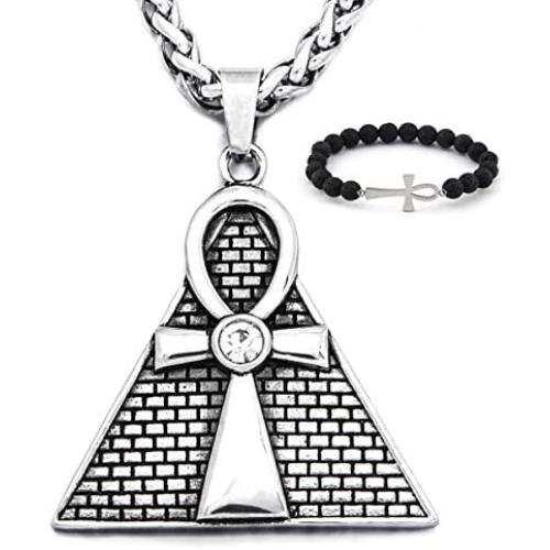 Gungneer Egypt Pyramid Ankh Necklace Pendant Stainless Steel Chain Key of Eternal Life Spiritual Jewelry Men Women