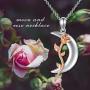 Anniversary Necklace Gifts Sterling Silver Crescent Moon Pendant Rose Flower with Pink Crystal Birthday Christmas Jewelry Gifts for Wife/Girlfriend/Mom