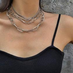 Layered Punk Chunky Chain Choker Necklace, Statement Cool Sliver Multilayer Hip Hop Necklace with Lock Pendant for Women Girls