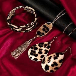 Hicarer 3 Pieces Leopard Jewelry Set Leopard Leather Bracelet Dangle Earring Necklace for Women