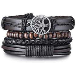 TempBeau Black Leather Bracelet Set for Men Women, Cross Charm Wide Wristband, Wood Wooden Beads, Braided Woven Ethnic Tribal 4pcs Bangle Set, Elastic Adjustable Length,Send Gift Box…