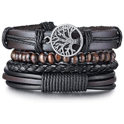 TempBeau Black Leather Bracelet Set for Men Women, Cross Charm Wide Wristband, Wood Wooden Beads, Braided Woven Ethnic Tribal 4pcs Bangle Set, Elastic Adjustable Length,Send Gift Box…