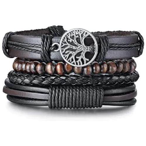 TempBeau Black Leather Bracelet Set for Men Women, Cross Charm Wide Wristband, Wood Wooden Beads, Braided Woven Ethnic Tribal 4pcs Bangle Set, Elastic Adjustable Length,Send Gift Box…