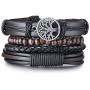 TempBeau Black Leather Bracelet Set for Men Women, Cross Charm Wide Wristband, Wood Wooden Beads, Braided Woven Ethnic Tribal 4pcs Bangle Set, Elastic Adjustable Length,Send Gift Box…