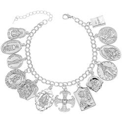 RechicGu Catholic Religious Church Medals Cross Chain Cuff Bracelet Bangle Charm Inspirational Bible Jesus Saints Pray for US