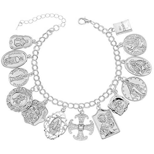 RechicGu Catholic Religious Church Medals Cross Chain Cuff Bracelet Bangle Charm Inspirational Bible Jesus Saints Pray for US